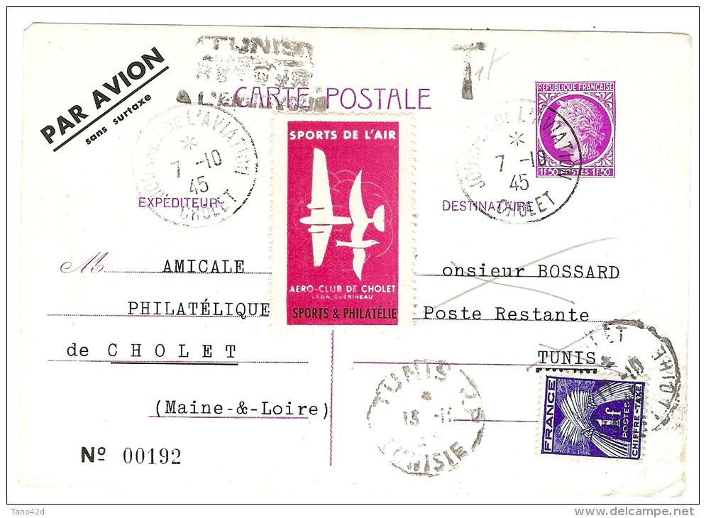 LSAU8 - EP CP MAZELIN 1f50 REPIQUAGE JOURNEE DE L'AVIATION CHOLET - CHOLET / TUNIS 7/10/1945 - Overprinter Postcards (before 1995)