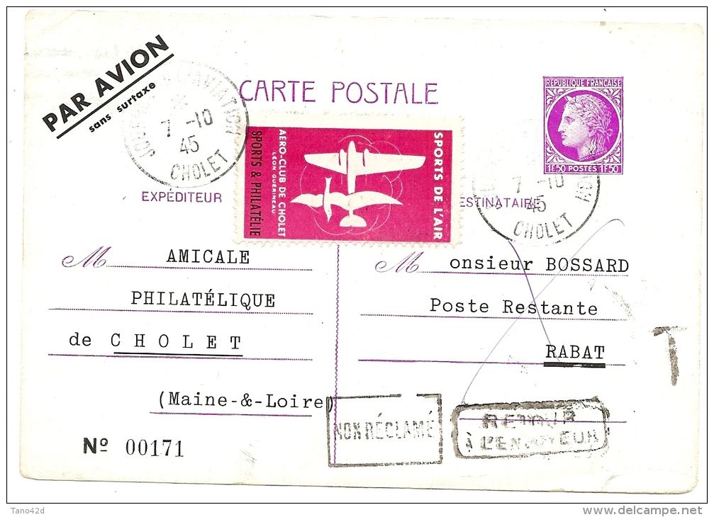 LSAU8 - EP CP MAZELIN 1f50 REPIQUAGE JOURNEE DE L'AVIATION CHOLET - CHOLET / RABAT 7/10/1945 - Overprinter Postcards (before 1995)