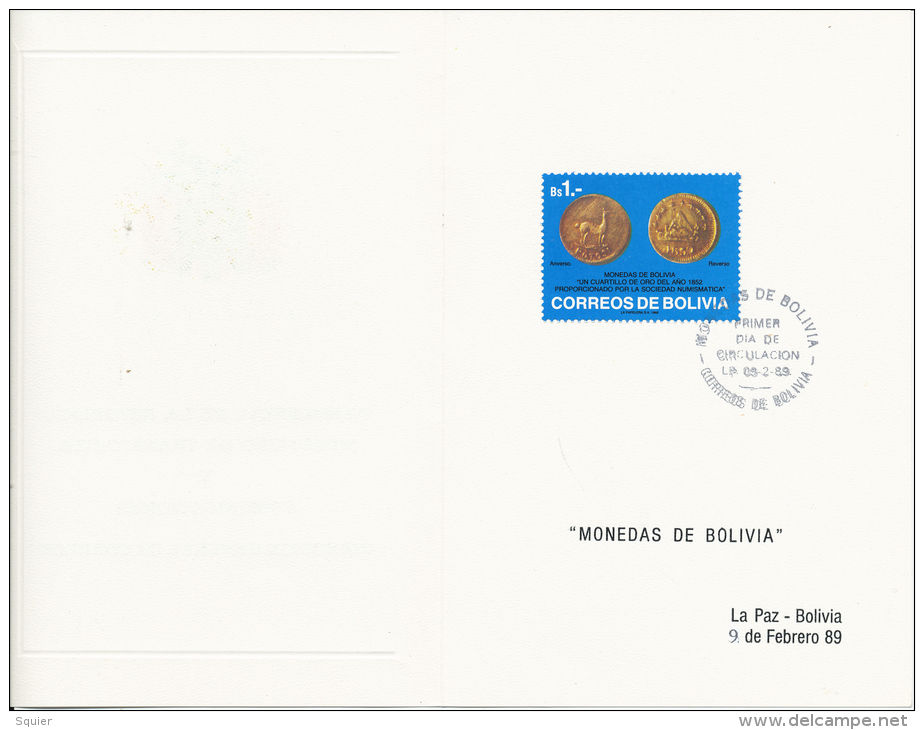 FDC, Bolivia,Gold Coins, Monedas, Ministry Of Transport,1989,Beautiful Condition - Bolivië