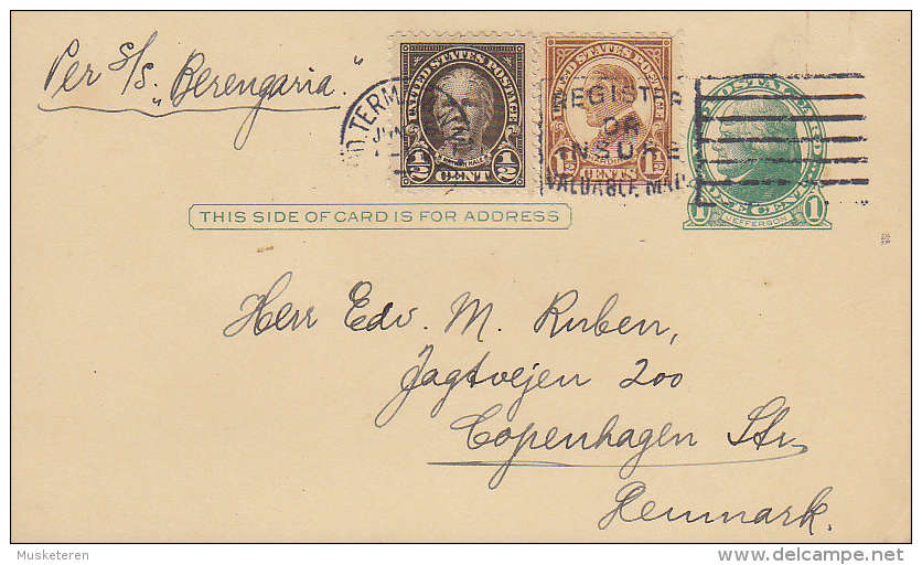United States Uprated Postal Stationery Ganzsache Entier NEW YORK Terminal 1927 Card "Per S/S Beregaria" Steamer Denmark - 1921-40
