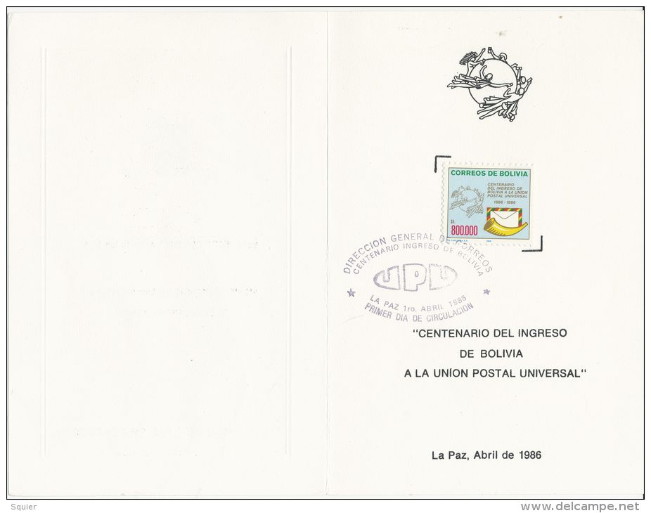 Universal Postal Union,Centenary,Postal History,1986, First Day, Beautiful Condition - Bolivië