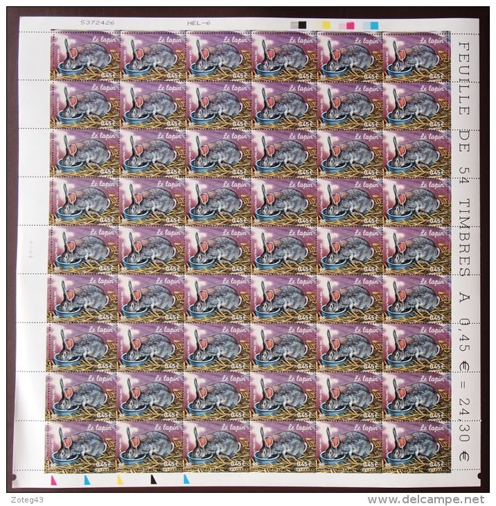 FRANCE 2004  FEUILLE COMPLETE DE 54 TIMBRES LE LAPIN  N°3662  ** - Ganze Bögen