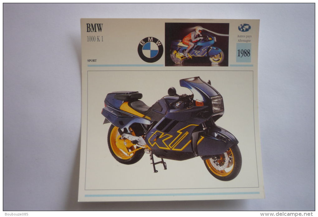 Transports - Sports Moto - Carte Fiche Technique Moto ( Bmw - 1000 K1 - Sport -1988 ( Description Au Dos - Motorcycle Sport