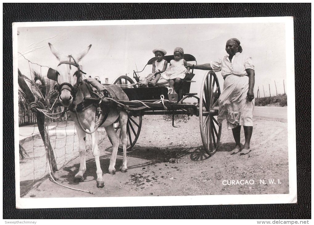 RP RPPC CURACAO Native Donkey Cart W Cute Children Old Photo  Viaggiata - Curaçao