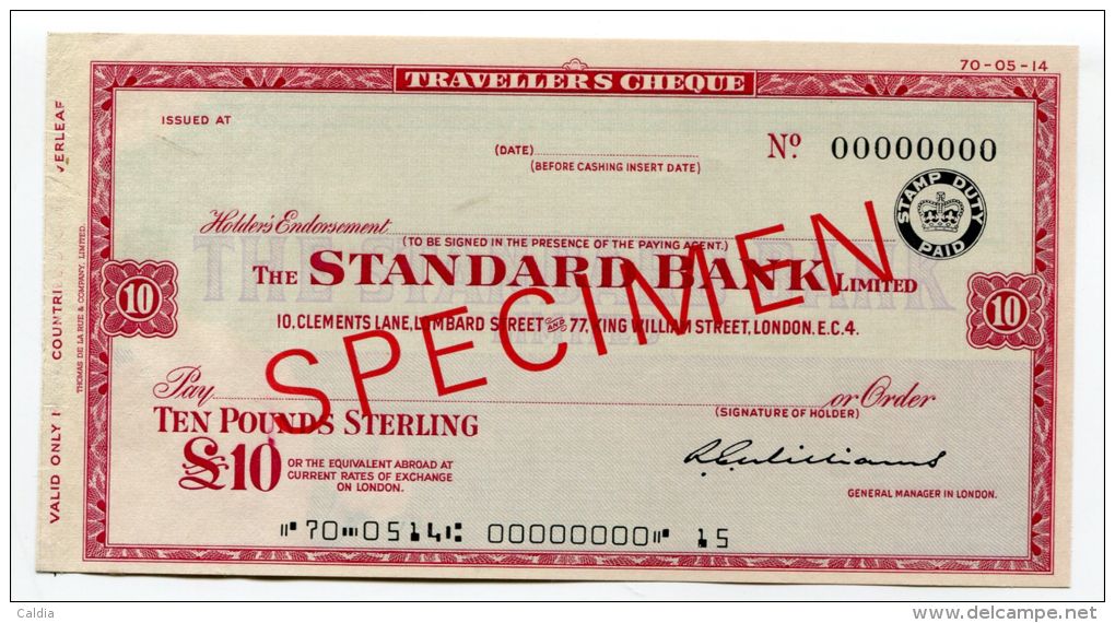 Grande-Bretagne Great Britain 10 Pounds ""CHEQUE De VOYAGE " AUNC TRAVELLERS CHEQUE "" SPECIMEN Standard Bank - Andere & Zonder Classificatie