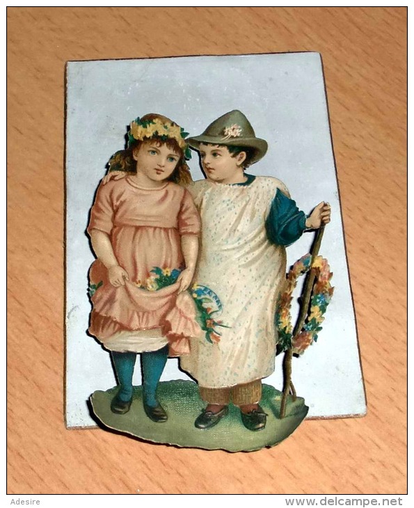 Original Altes OBLATENBILD (Mädchen Und Bub Mit Blumen) Glückwunschbild Um 1900, Ausklappbar, Höhe 11 X 7 Cm. - Ragazzi