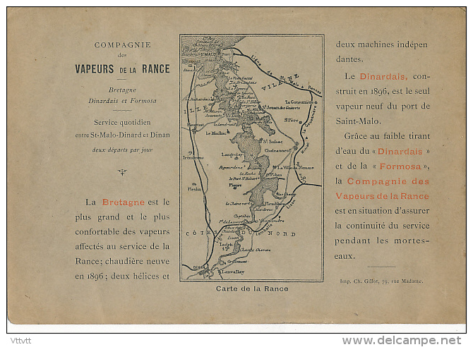 Ancienne Publicité : COMPAGNIE DES VAPEURS DE LA RANCE, Saint-Malo, Dinard, Dinan Avec Carte De La Rance - Publicités