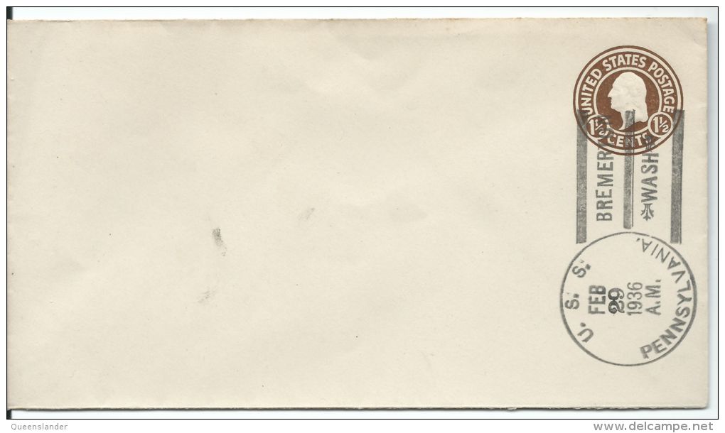 1936 1 1/2 Cent Prestamped Envelope Postmarked USS Pennsylvania Unaddressed Front & Back Shown - 1921-40