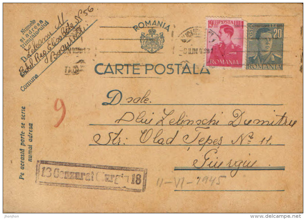 Romania-Postal Stationery Postcard 1944,censored Giurgiu,circulated From Bucuresti To Giurgiu - Lettres 2ème Guerre Mondiale