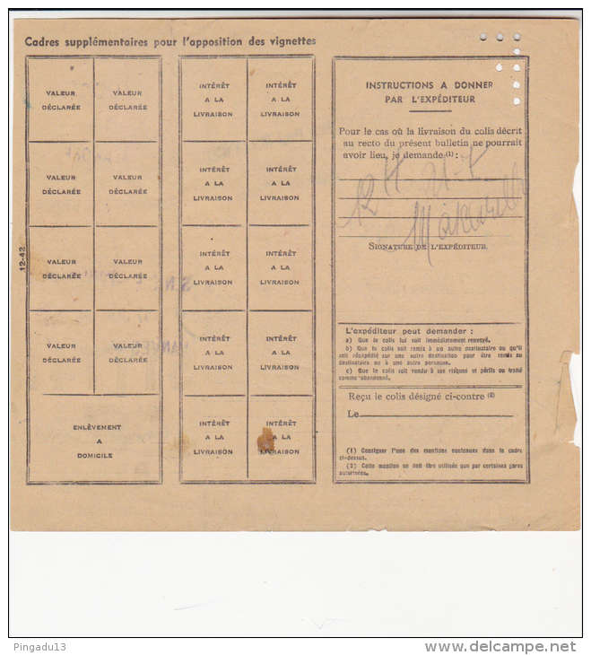 Bulletin D'expédition Avec Timbre 17 Juillet 1943 Vanves Malakoff Pour Marseille St Charles Excellent état - Storia Postale