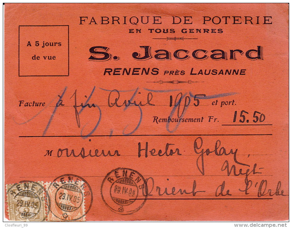 Fabrique De Poterie S. Jaccard Renens. Facture. Pour Orient. Cachet D´arrivée. 29.IV.1905 - Lettres & Documents