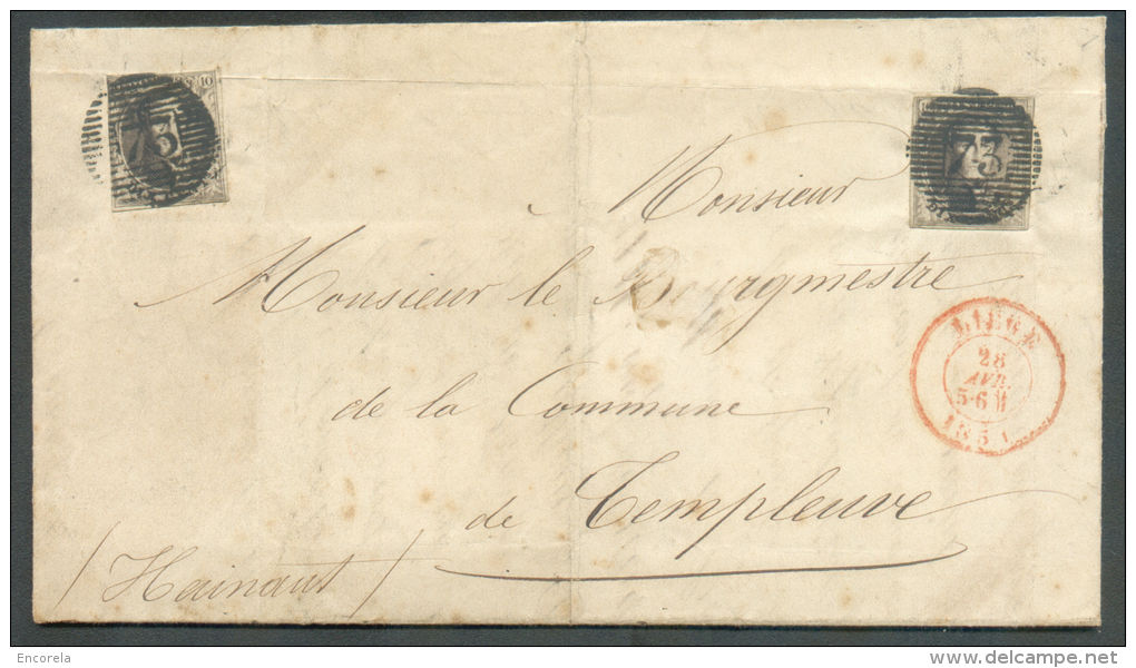 N°3(2) - Médaillons 10 Centimes Bruns (2 Exemplaires) Obl. P.73 Sur Lettre De LIEGE Le 26 Avril 1851 Vers Templeuve - 94 - 1849-1850 Medallions (3/5)