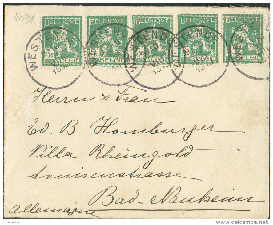 N°110(5) - 5 Centimes Vert (en Bande De Cinq) Obl. Sc WESTENDE Sur Enveloppe Du 21-VIII-1913 Vers Bad-Nauheim - 9490 - 1912 Pellens