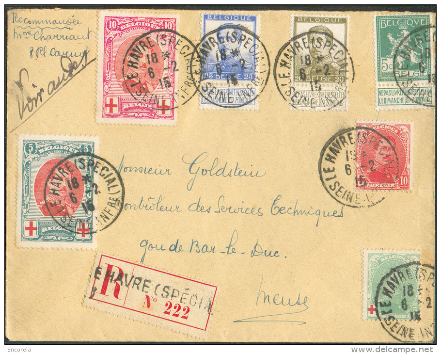 Lettre Recommandée De LE HAVRE (SPECIAL) Le 6-2-1915 Avec Affranchissement Combiné Croix-Rouge Et Pellens - 9491 - 1912 Pellens