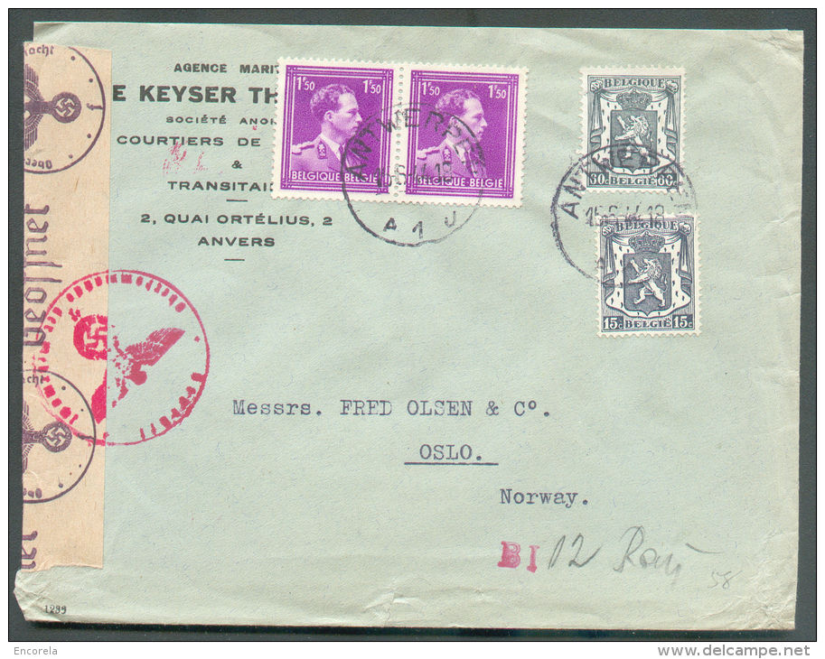 Lettre Censurée D'ANTWERPEN 1 Le 15-6-1941 Vers Oslo (Norvège).  TB  - 9501 - 1934-1935 Leopold III