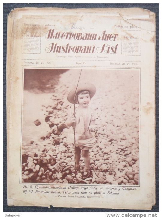 ILUSTROVANI LIST,NJ. V. PRESTOLONASLEDNIK PETAR PECA RIBU NA PLAŽI U SELCIMA , 1926  KRALJEVINA SHS   6 SCANS - Revues & Journaux