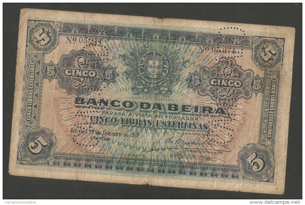 [NC] MOCAMBIQUE - BANCO Da BEIRA - 5 LIBRAS ESTERLINAS OURO (1919) CANCELADO - Moçambique