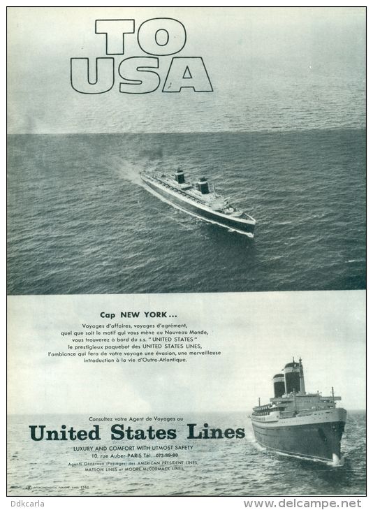 Reclame Uit Oud Magazine 1965 - United States Lines  - A4 - Publicités