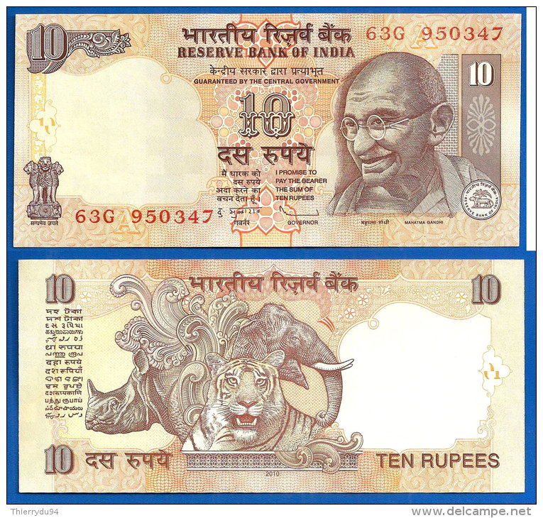 Inde 10 Roupies 2010 Lettre A India Rupees Gandhi Elephant Tigre Animal Asie Paypal Skrill OK - Inde