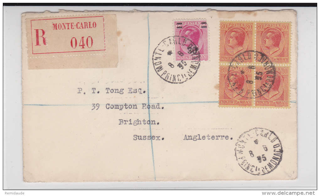 MONACO - 1935 - ENVELOPPE RECOMMANDEE De MONTE CARLO Pour BRIGHTON (ANGLETERRE) - Storia Postale