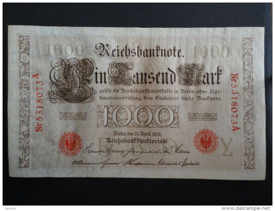 1910 A - 21 Avril 1910 - Billet 1000 Mark - Allemagne - Série A : N° 5318073 A - Banknote Deutschland Germany - 1.000 Mark