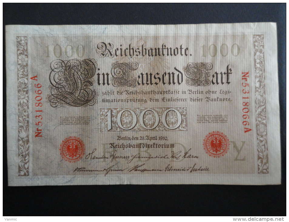 1910 A - 21 Avril 1910 - Billet 1000 Mark - Allemagne - Série A : N° 5318066 A - Banknote Deutschland Germany - 1000 Mark