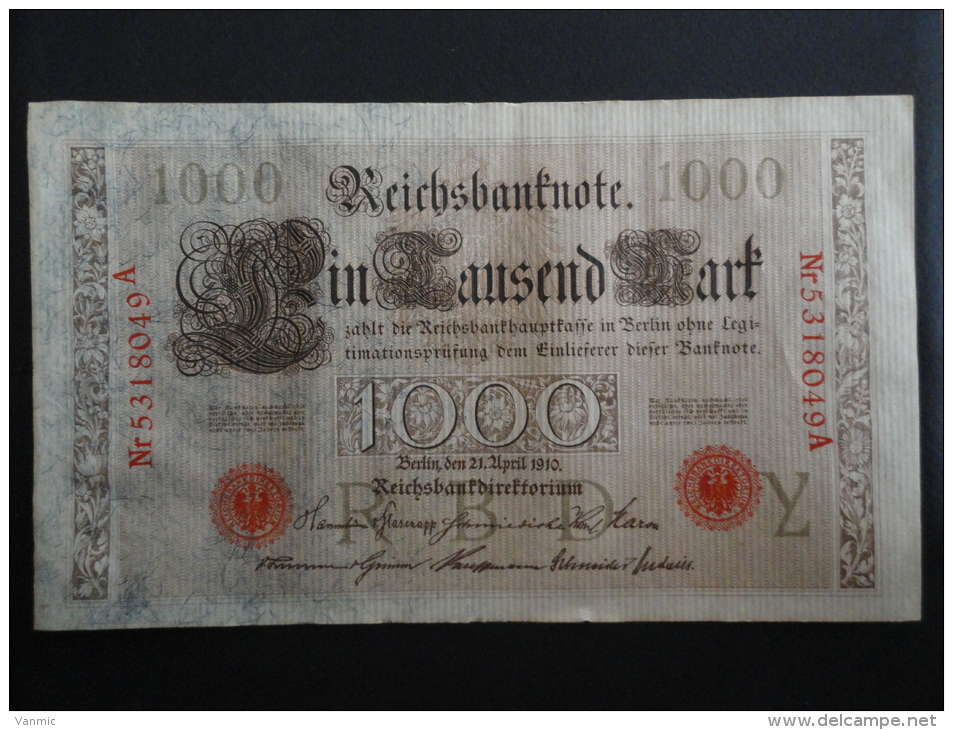 1910 A - 21 Avril 1910 - Billet 1000 Mark - Allemagne - Série A : N° 5318049 A - Banknote Deutschland Germany - 1000 Mark