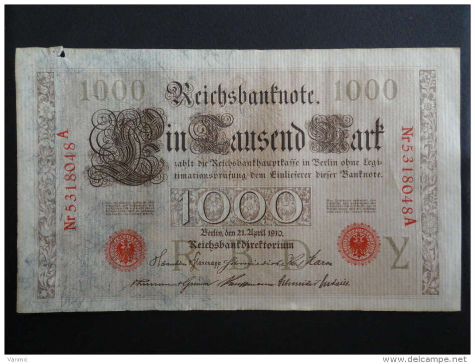 1910 A - 21 Avril 1910 - Billet 1000 Mark - Allemagne - Série A : N° 5318048 A - Banknote Deutschland Germany - 1.000 Mark