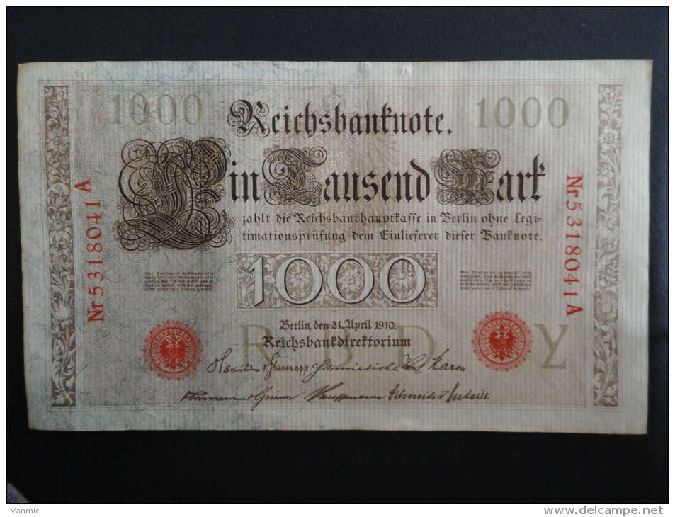 1910 A - 21 Avril 1910 - Billet 1000 Mark - Allemagne - Série A : N° 5318041 A - Banknote Deutschland Germany - 1.000 Mark