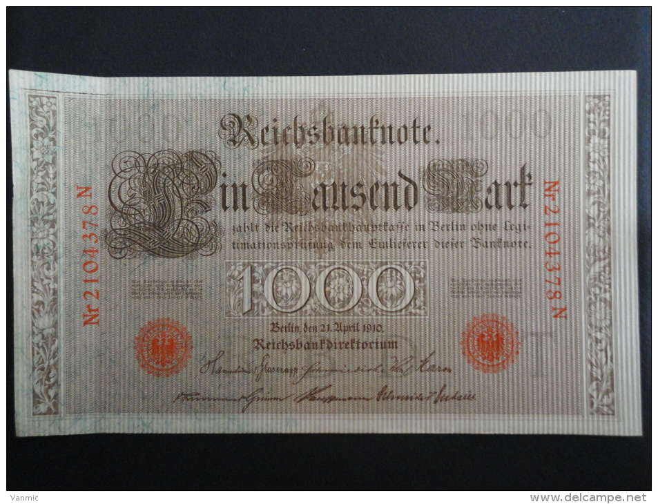 1910 N - 21 Avril 1910 - Billet 1000 Mark - Allemagne - Série N : N° 2104378 N - Banknote Deutschland Germany - 1.000 Mark