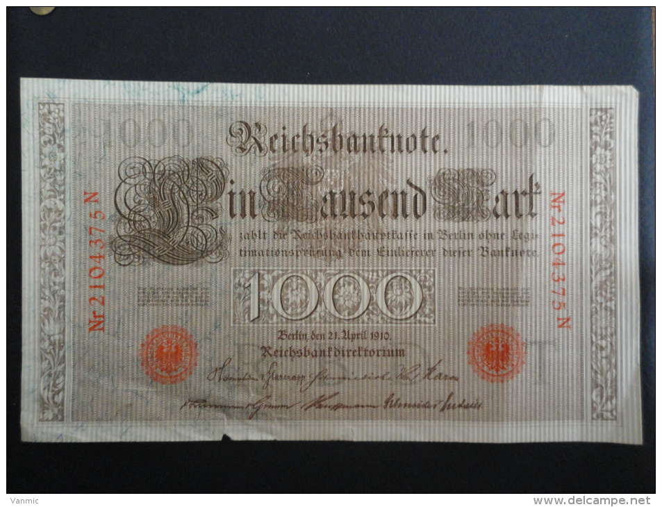 1910 N - 21 Avril 1910 - Billet 1000 Mark - Allemagne - Série N : N° 2104375 N - Banknote Deutschland Germany - 1000 Mark