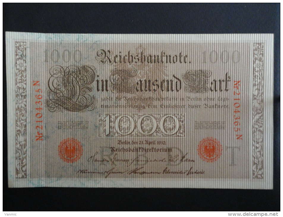 1910 N - 21 Avril 1910 - Billet 1000 Mark - Allemagne - Série N : N° 2104365 N - Banknote Deutschland Germany - 1000 Mark