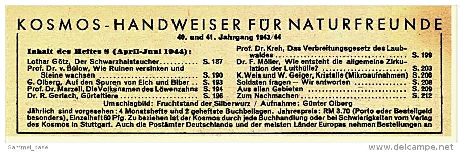 Kosmos Naturwissenschaftliche Zeitschrift  Nr. 8 Von 1944  -  Auf Den Spuren Von Elch Und Biber - Livres Anciens