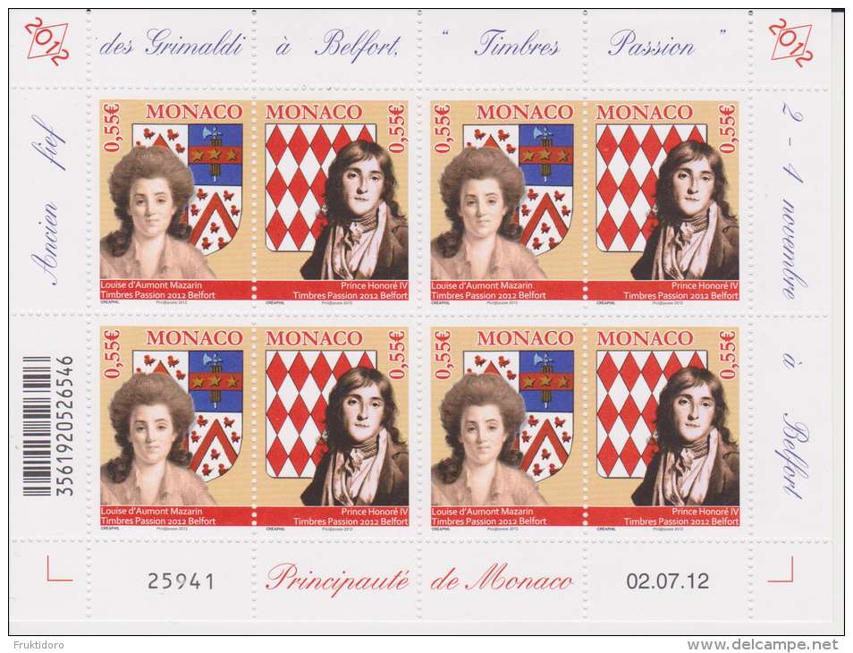 Monaco Mi 3106-3107 Former Grimaldi Fiefs Belfort - Full Sheet * * Coat Of Armes - Prince Honoré IV - Louise D'Aumont - Unused Stamps