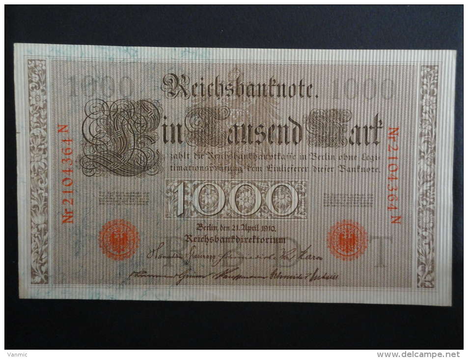 1910 N - 21 Avril 1910 - Billet 1000 Mark - Allemagne - Série N : N° 2104364 N - Banknote Deutschland Germany - 1.000 Mark