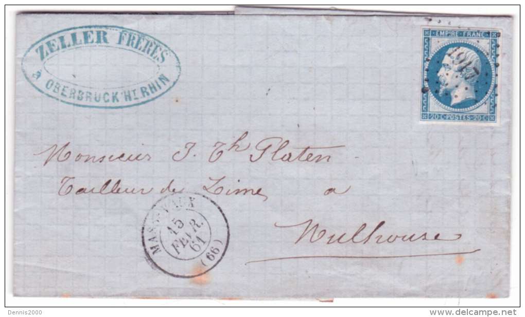 1861- Lettre De MASSEVAUX ( Haut Rhin ) Affr. N°14 Oblit. P C 1917 Pour Mulhouse - 1849-1876: Classic Period