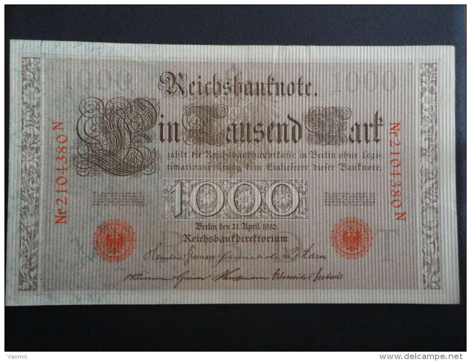 1910 N - 21 Avril 1910 - Billet 1000 Mark - Allemagne - Série N : N° 2104380 N - ReichsBanknote Deutschland Germany - 1000 Mark