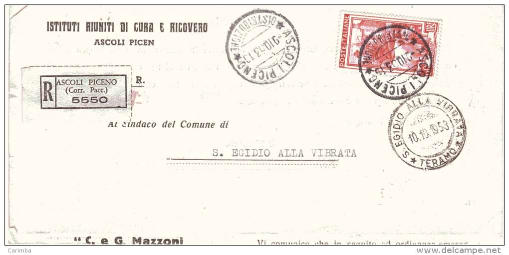 1953 £ 60 Italia Al Lavoro Su Raccomandata Ann. Ascoli Piceno E S. Egidio Alla Vibrata Teramo - 1946-60: Marcofilia