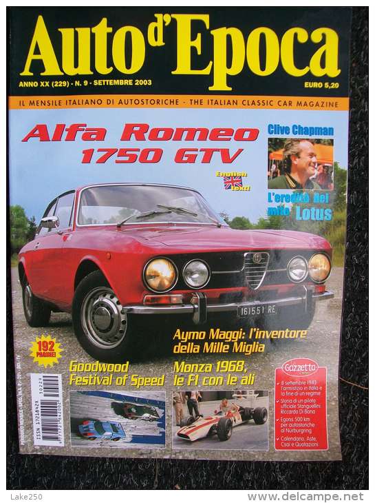 AUTO D'EPOCA SETTEMBRE 2003  ALFA ROMEO 1750 GTV,FIAT,LANCIA  ABARTH-CITROEN SPORT - Moteurs