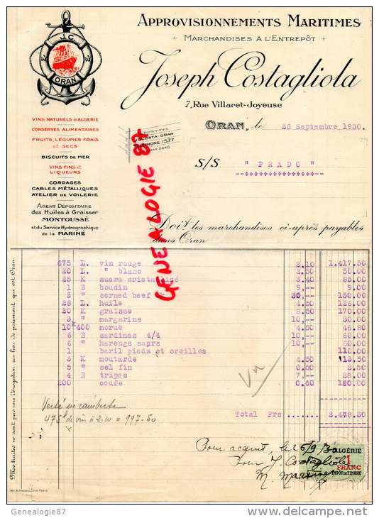 ALGERIE -ORAN - FACTURE JOSEPH COSTAGLIOMA-7 RUE VILLARET JOYEUSE- APPROVISIONNEMENTS MARITIMES VINS 1930 - Andere & Zonder Classificatie