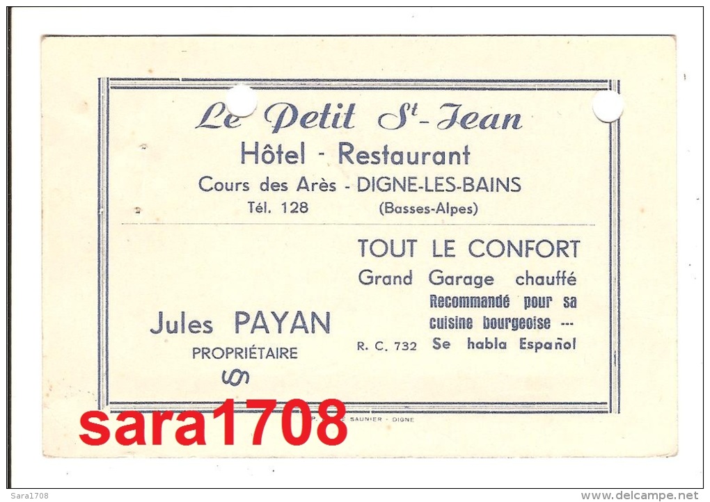 04 DIGNE, CP Publicitaire Hôtel Le Petit Saint Jean Et Une Note Année 1955. ( VOIR SCAN ). - Digne