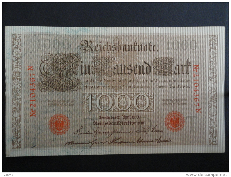1910 N - 21 Avril 1910 - Billet 1000 Mark - Allemagne - Série N : N° 2104367 N - ReichsBanknote Deutschland Germany - 1000 Mark