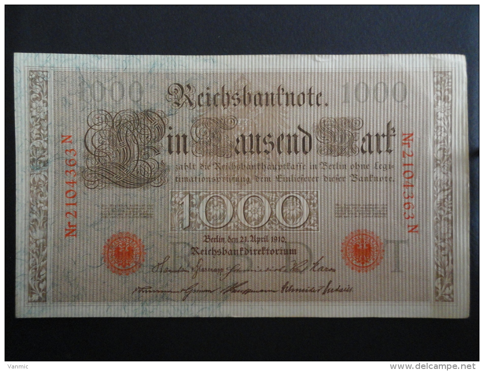 1910 N - 21 Avril 1910 - Billet 1000 Mark - Allemagne - Série N : N° 2104363 N - ReichsBanknote Deutschland Germany - 1000 Mark