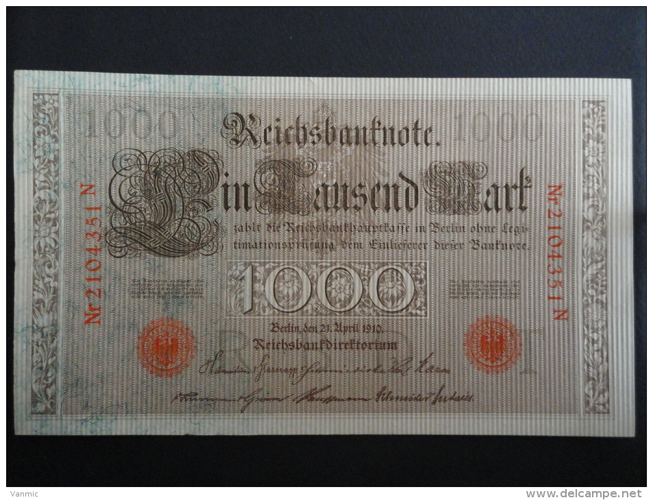 1910 N - 21 Avril 1910 - Billet 1000 Mark - Allemagne - Série N : N° 2104351 N - ReichsBanknote Deutschland Germany - 1.000 Mark