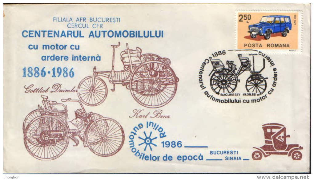 Romania-Cover Occasionally 1986- Centenary Car With Internal Combustion Engine 1886-1986,Daimler And Benz - Aardolie