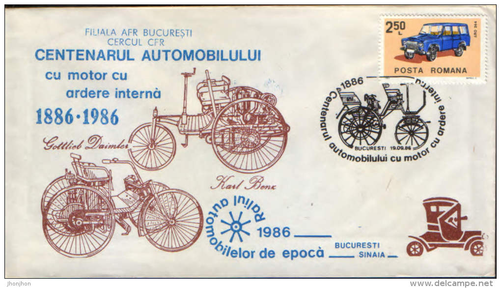 Romania-Cover Occasionally 1986- Centenary Car With Internal Combustion Engine 1886-1986,Daimler And Benz - Aardolie