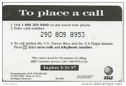CARTE PREPAYEE-USA-AT&T-5/31/97 -20 FREE LONG DISTANCE MINUTES-T BE-RARE - AT&T