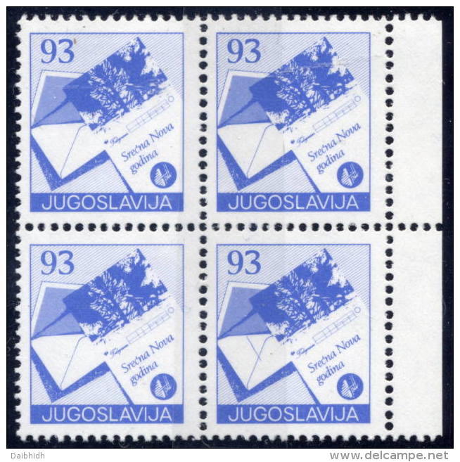 YUGOSLAVIA 1987 Definitive 93 D. With Constant Variety 'line On Envelope' In Block Of 4  MNH / **.  Michel 2255 - Nuevos