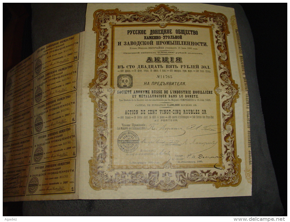 Action De 125 Roubles Or " S.A. Russe De L'industrie Houillère Et Métallurgique Dans Le Donetz"1895 Russie Russia - Russie