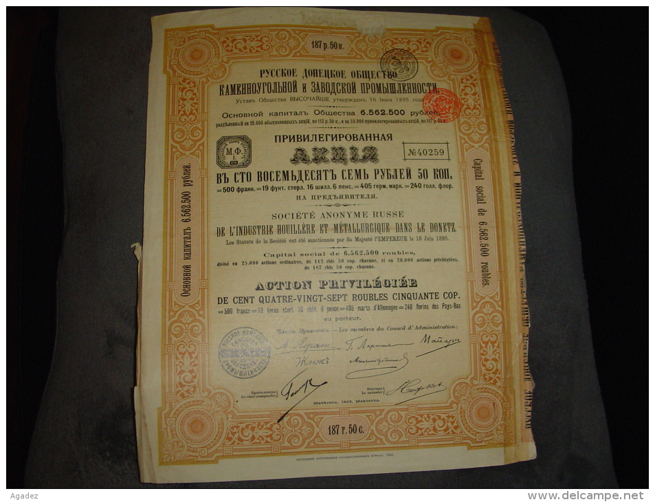 Action De 187,5 Roubles Or "S.A. Russe De L'industrie Houillère Et Métallurgique Dans Le Donetz "1905 Russie Russia - Russie